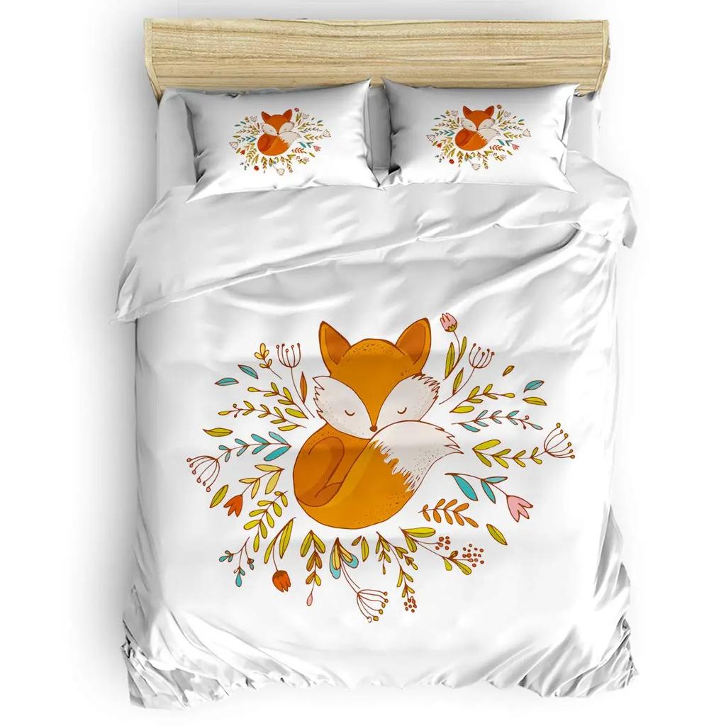 Kids Fox Bedding Set Toddler Natural Floral Comforter Cover Set For Boys Girls Blossom Flowers Pattern Duvet Cover