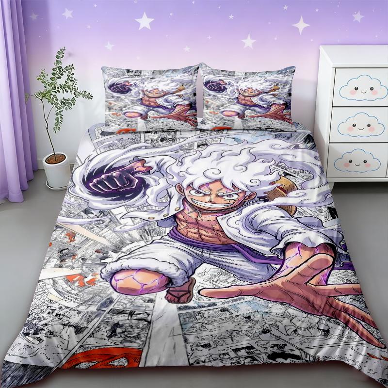 Duvet Cover One Piece Kids Cartoon Luffy Bedding Set with 2 Pillowcases Soft and Cozy Bedroom Bed Decor Teens Boys Gifts