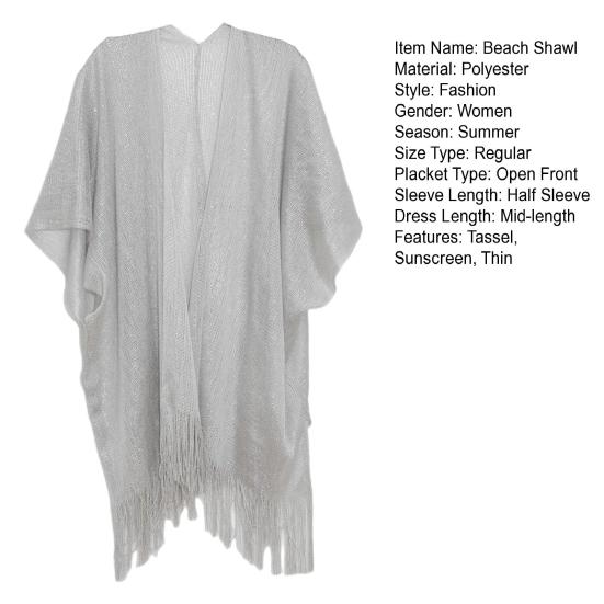 Półrękaw Jednolity Kolor Damski Szal Otwarty Przód Frędzel Krem Przeciwsłoneczny Letni Cienki Szal Zakrywający Bikini Odzież Plażowa
