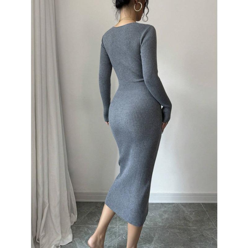 French Style Knitted Bodycon Dress Long Sleeve Slim Fit For Winter Autumn