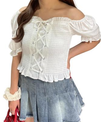 WEGO Shirred Girly Summer Size White Women's Lace-Up Blouse, Top, F,