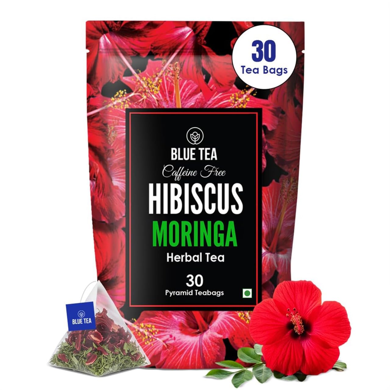 BLUE TEA - Hibiscus Moringa Tea - 30 Tea Bags - Plant Based | Rich in Antioxidants | Boosts Immunity | Glowing Skin | Supports Heart Health