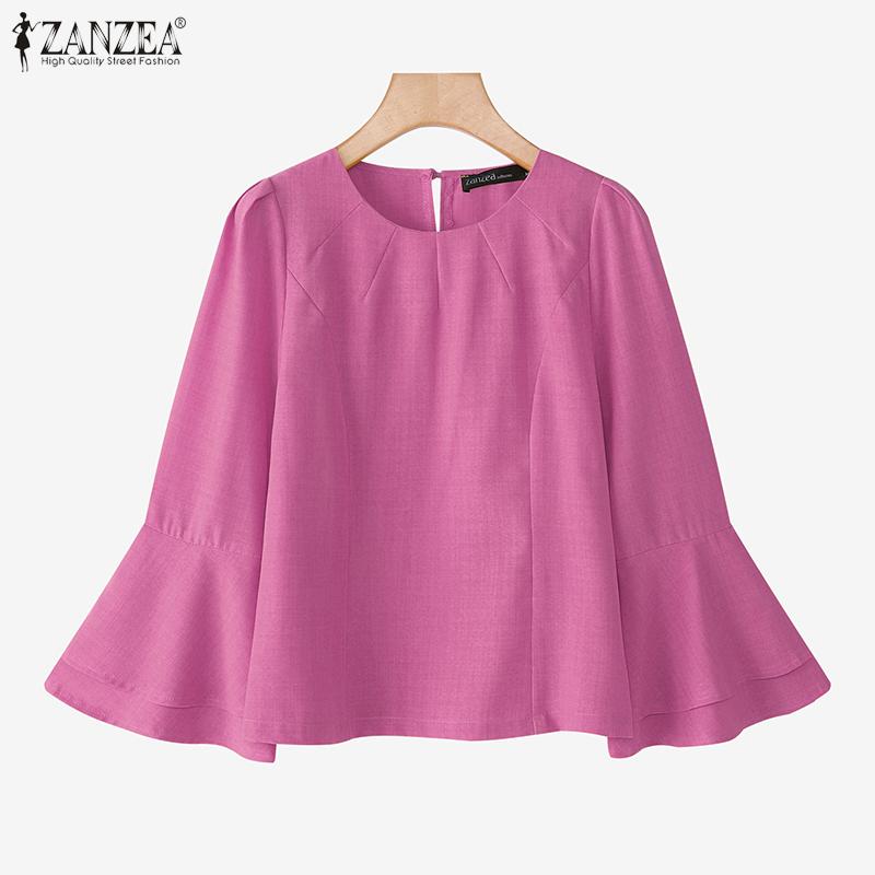 ZANZEA Women Casual Round Neck Flare 3/4 Sleeve Loose Blouse