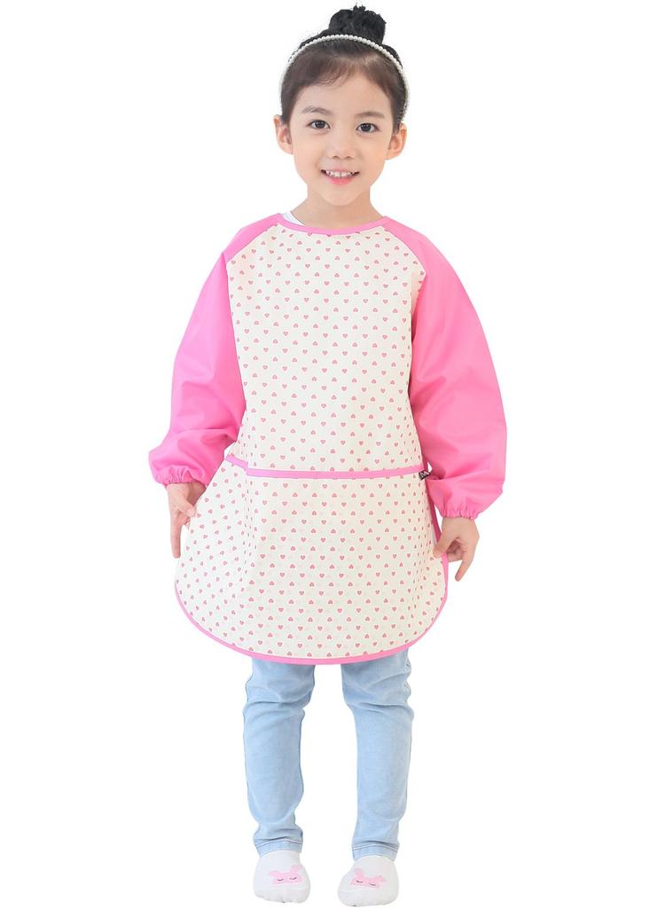 Wasserdichte Kinder-Schürze, Langarm-Schürze, Süßes Design für Mittagessen, Malen, Kindergarten und Vorschule, für Jungen und Mädchen, Alter 1-10, Rosa Herzpunkt