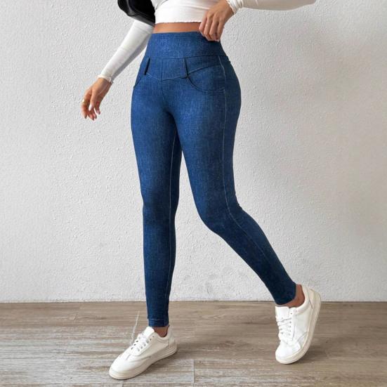 Women Pencil Pants Imitation Jeans High Waist Velvet Lined Warm Leggings Tight Fit Pants with Pockets Work School Wear