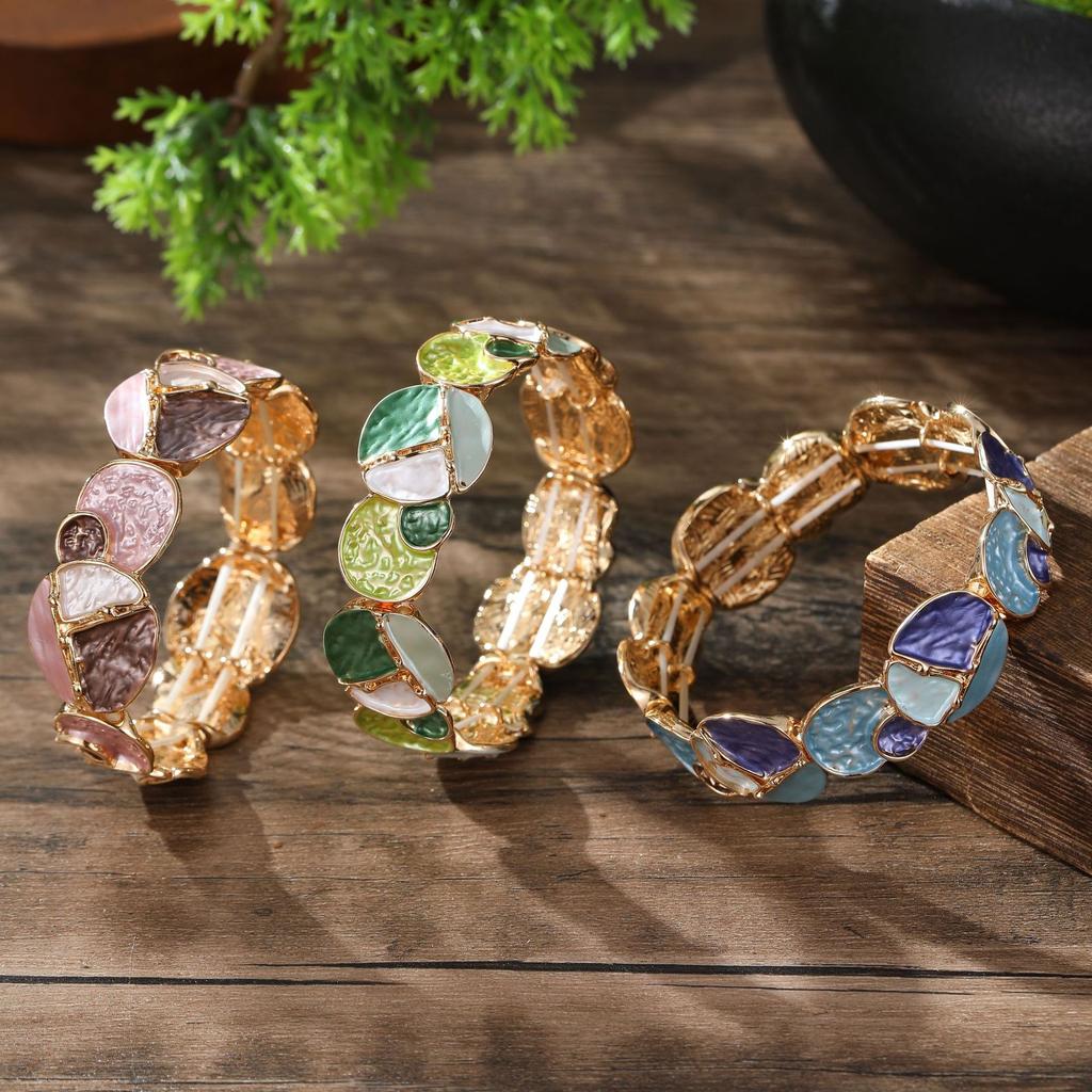 Enamel-colored Round-shaped Interlocking Irregular-shaped Leaf Elastic Bracelet for Ladies, A Fashionable and High-end Leaf-shaped Hand Chain.