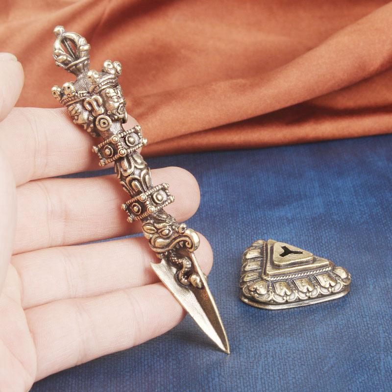 Pure Copper Three-Sided Pumba Demon-Slaying Desktop Ornament Tantric Ritual Instrument Prong Vajra Pestle Cra