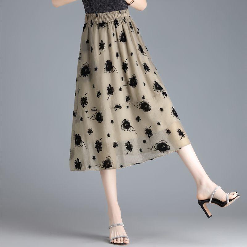 Sommer organza midiskjørt for kvinner Nytt stilig trykt stort svingeskjørt Høyt midje hengende garnskjørt