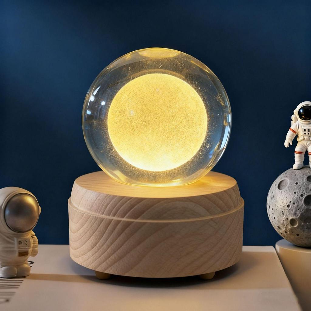 Świecąca Kryształowa Kula Lampka Nocna z Drewnianą Podstawą - Kreatywny Prezent Świąteczny i Dekoracja Biurka
