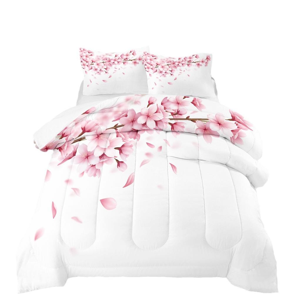 Peach Blossom Landscape Painting Fat Quilt Printing Quilt 3d Printing Bedding Feather Silk Cotton Thickened Three-piece Quilt Cover