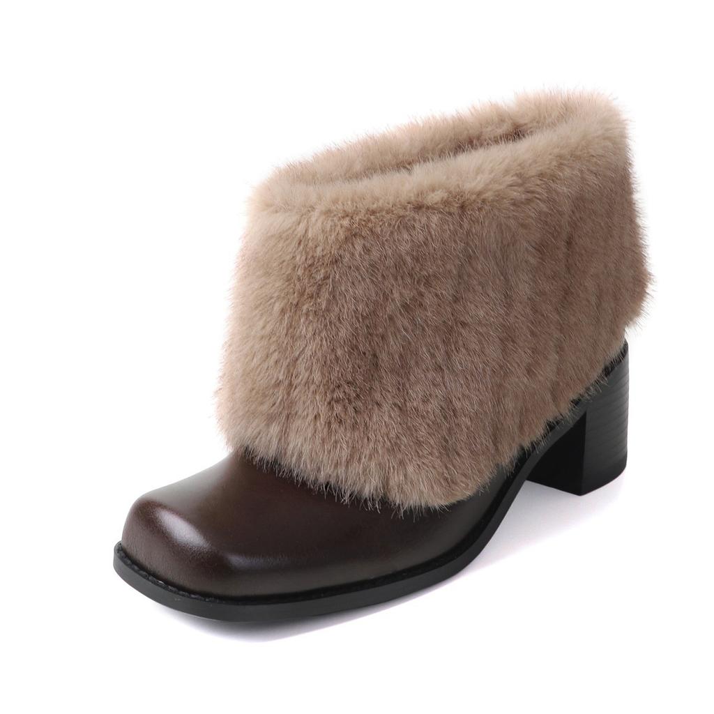 Hairy short boots thick heel square head piled and thickened design wide tube thin boots