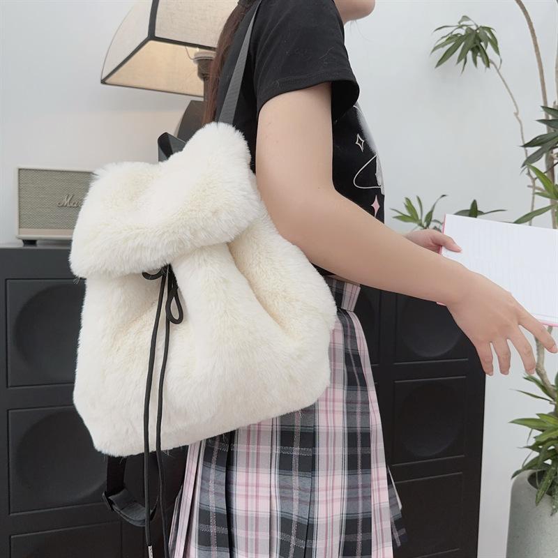 Nowy Pluszowy Plecak Imitacja Króliczego Futra Plecak Studentka Duża Pojemność Sznurek Panterka Jednolity Kolor Wszechstronna Torba Damska