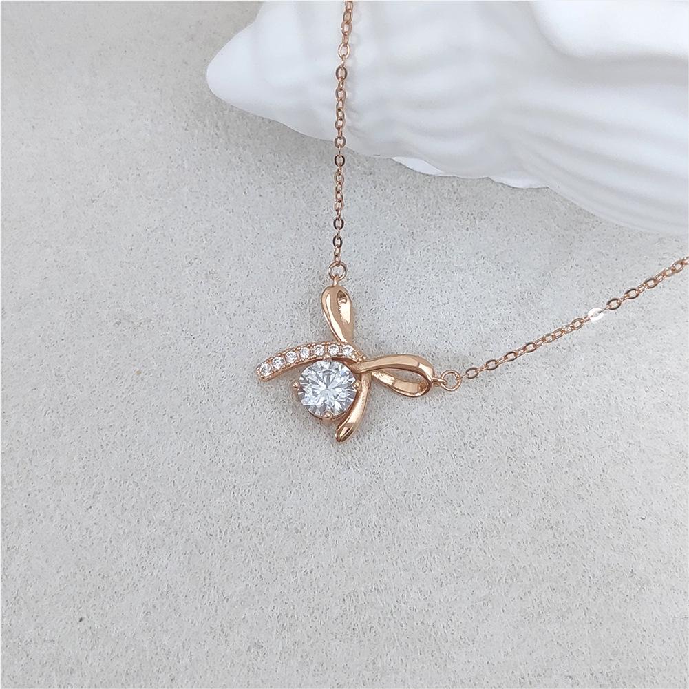 S925 Sterling Silver Bow Pendant Necklace - Women's Simple Luxury Zircon Clavicle Chain