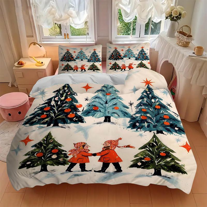 3pcs Christmas Tree in the Snow Bedding Set, 1 Soft Quilt Cover + 2 Pillowcases, Machine Washable, Suitable for All Seasons