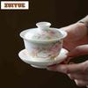 150ml Hand-painted Peach Blossom Gaiwan Handmade Tea Tureen Tea Bowl With Lid Kit Tea Brewing Cover Bowl Tea Ceremony Collection