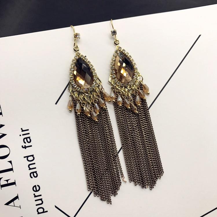 Light Luxury Crystal Diamond Long Earrings, Retro Style Temperament Fringed Earrings, Versatile Stud Earrings with Accessories