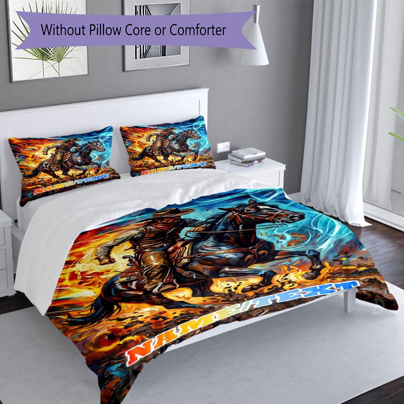 3PC Custom Name Rider Fire Horse Bedding Set Printed  Bedding Set Duvet Cover Closure Includes 1 Duvet Cover & 31 Pillowcases for Bedroom