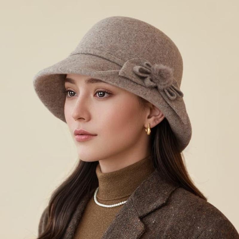 Hat Lady Autumn and Winter New Wool Top Hat Fashion Flower Warm Basin Hat Bucket Hat