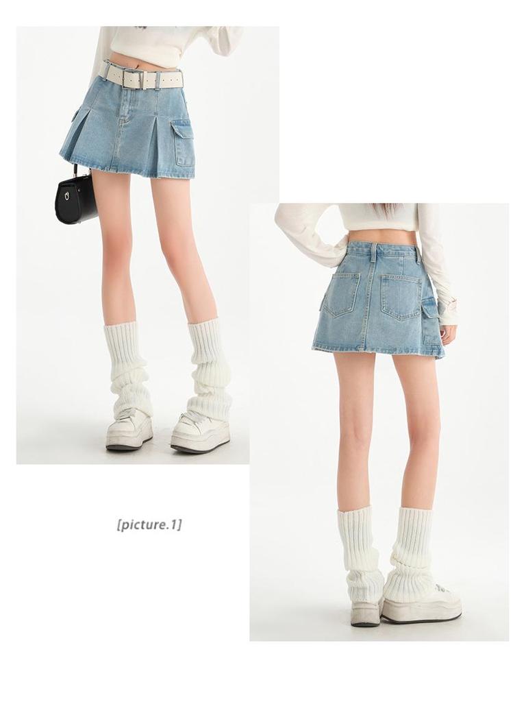 2025 Sommer Damen Hellblauer Plissierter Denim Minirock - Hochtailliert, Hüftbetont A-Linie Arbeitskleidung