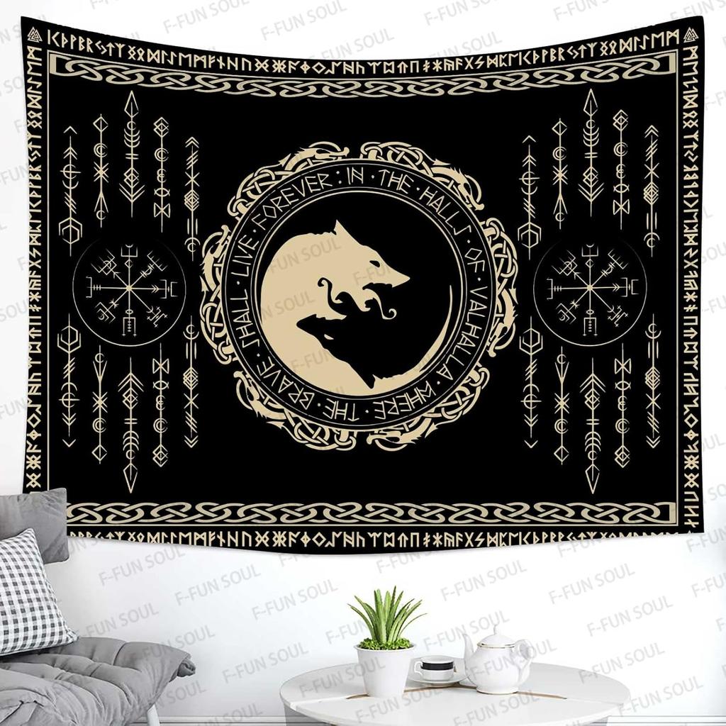 VIKAMA Viking Rune Tapestry Black Background with Gold Double Dragons Norse Mythology Living Room Study Game Room Wall Decor