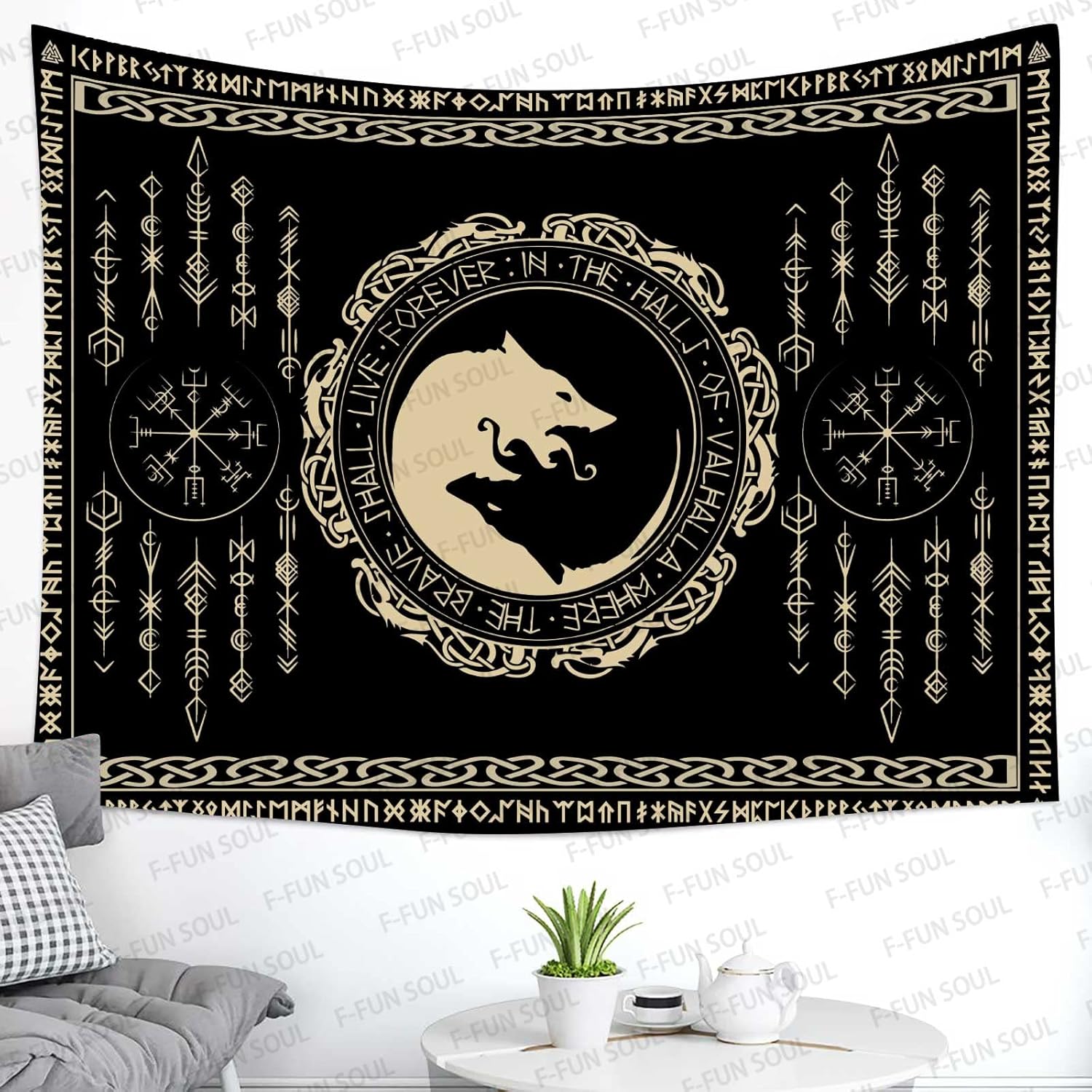 

VIKAMA Viking Rune Tapestry Black Background with Gold Double Dragons Norse Mythology Living Room Study Game Room Wall Decor 74x94cm(29x37in)