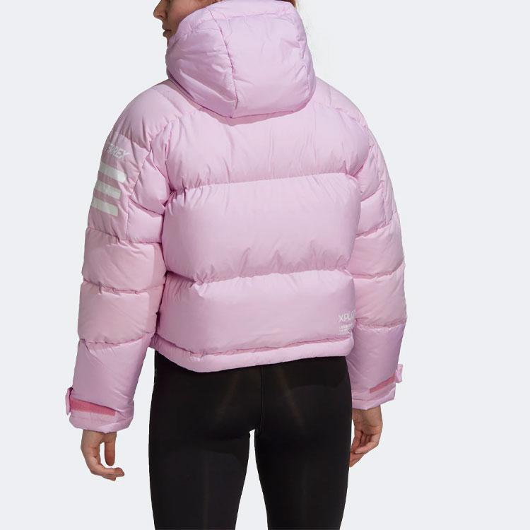 Adidas Drei Streifen bedruckte Kapuzen-Kurzdaunenjacke Damenjacke Pink HG3164