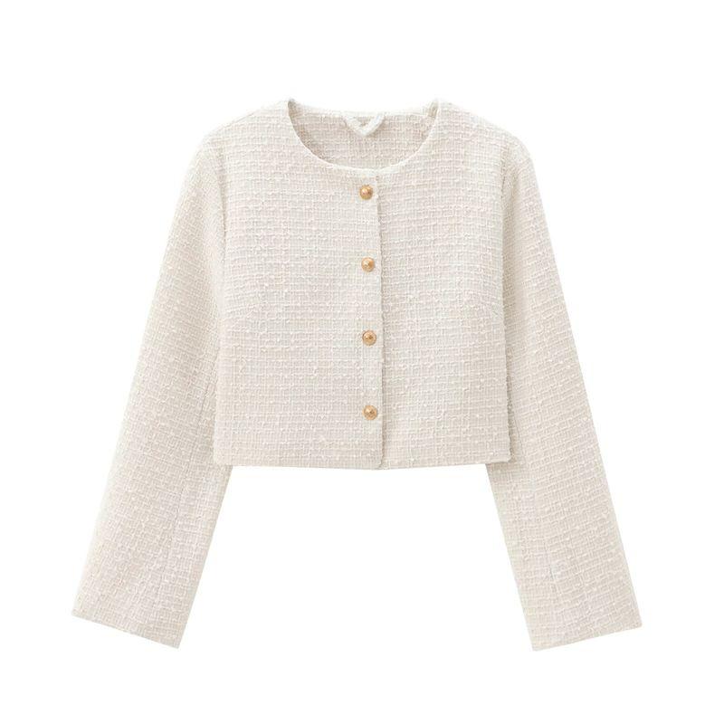 

Kaslead Новое поступление Женская одежда Модный стиль Модный Минималистичный круглый вырез Однобортное Вельветовое короткое пальто 1228992 Beige White XS