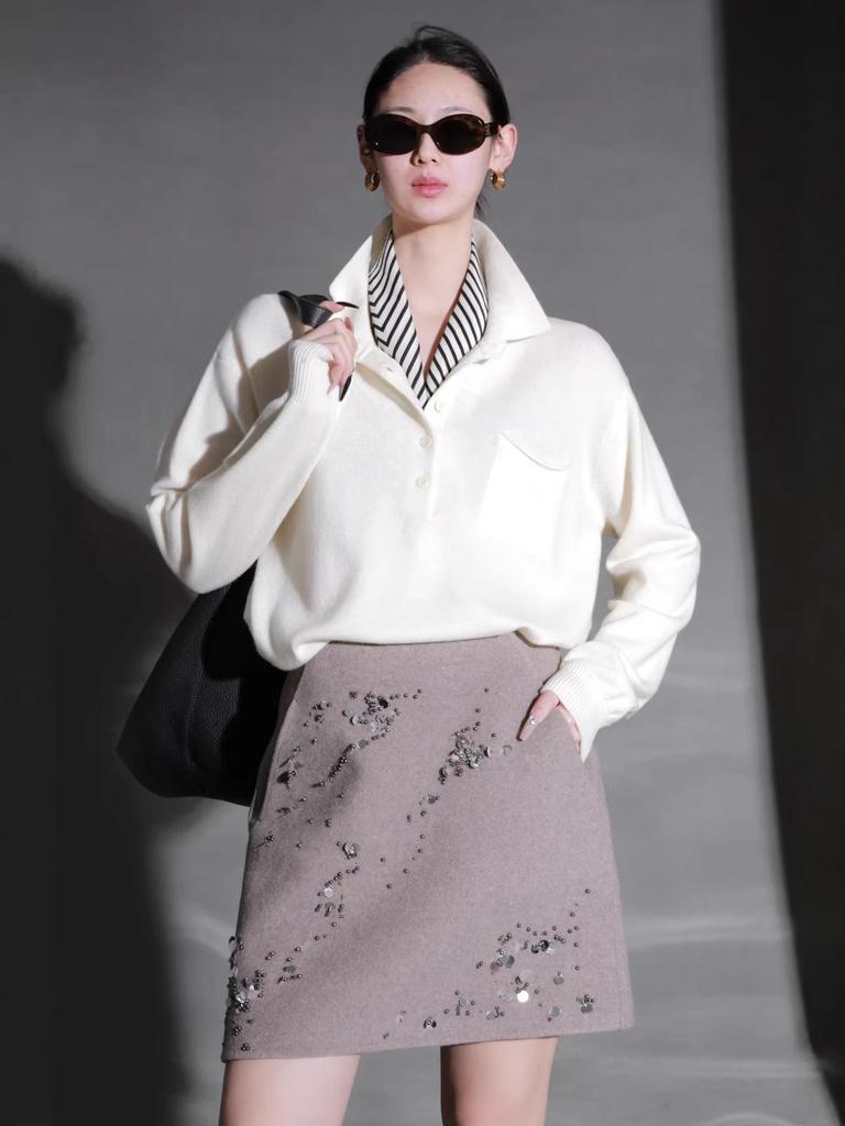 High-End Wool A-line Sequin Skirt for Autumn/Winter