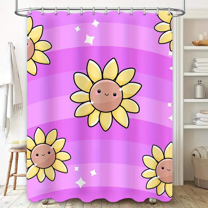 Adorable Cartoon Sunflower Shower Curtain for Bathroom Decor Purple Color with White Stars Design Waterproof Fabric Perfect Gift