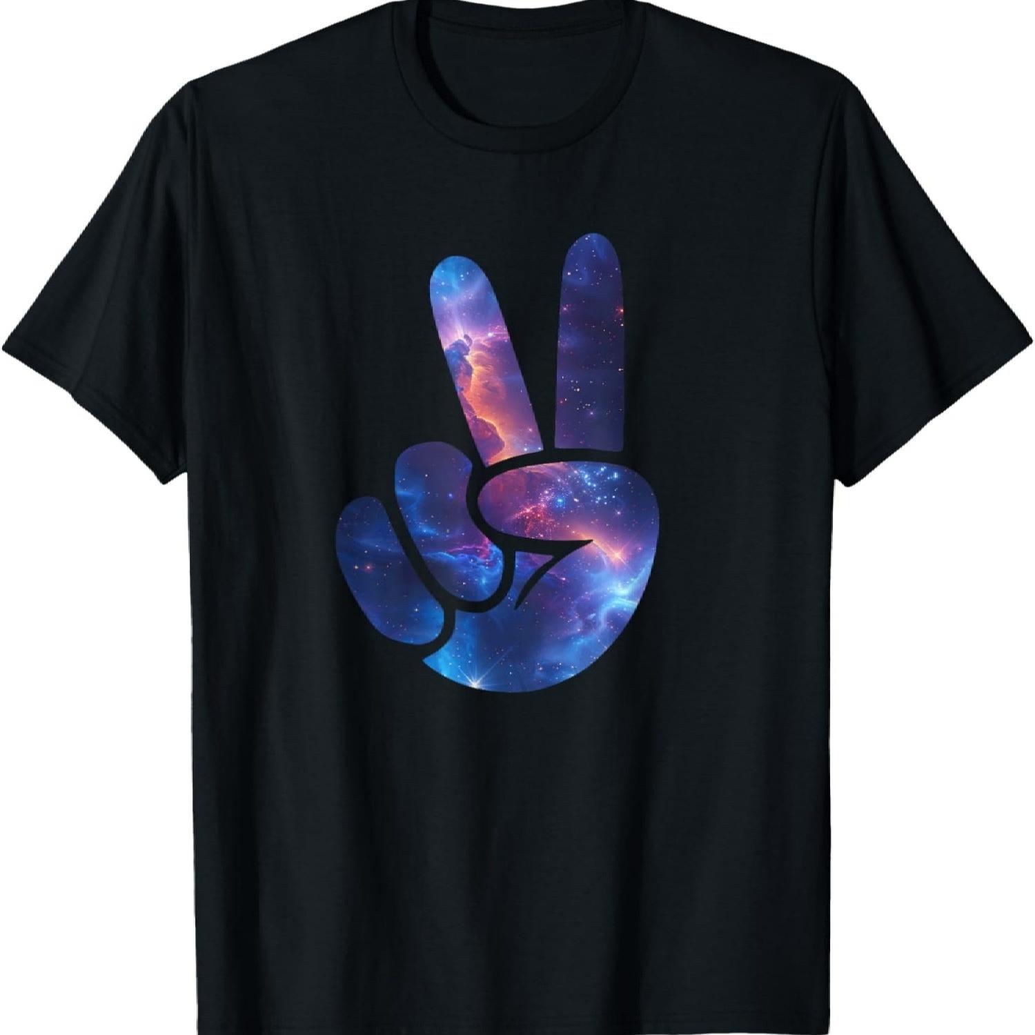 Aesthetic Silhouette Stars Space Galaxy Peace Sign Hand T-Shirt(4) S чёрный
