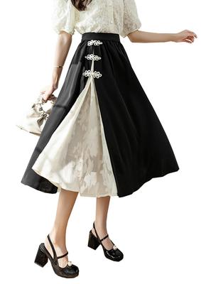 TAHALI Skirt with Chinese Pleated Black Skirt for and Fall Long, High-Waisted, A-Line Buttons, Chinese-Style Spring, Summer, (Size M, Black)