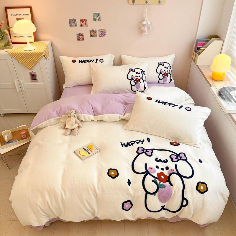 Cartoon Milk Velvet Four Piece Patch Embroidered Coral Velvet Quilt Cover Flannel Sheet Quilt Cover