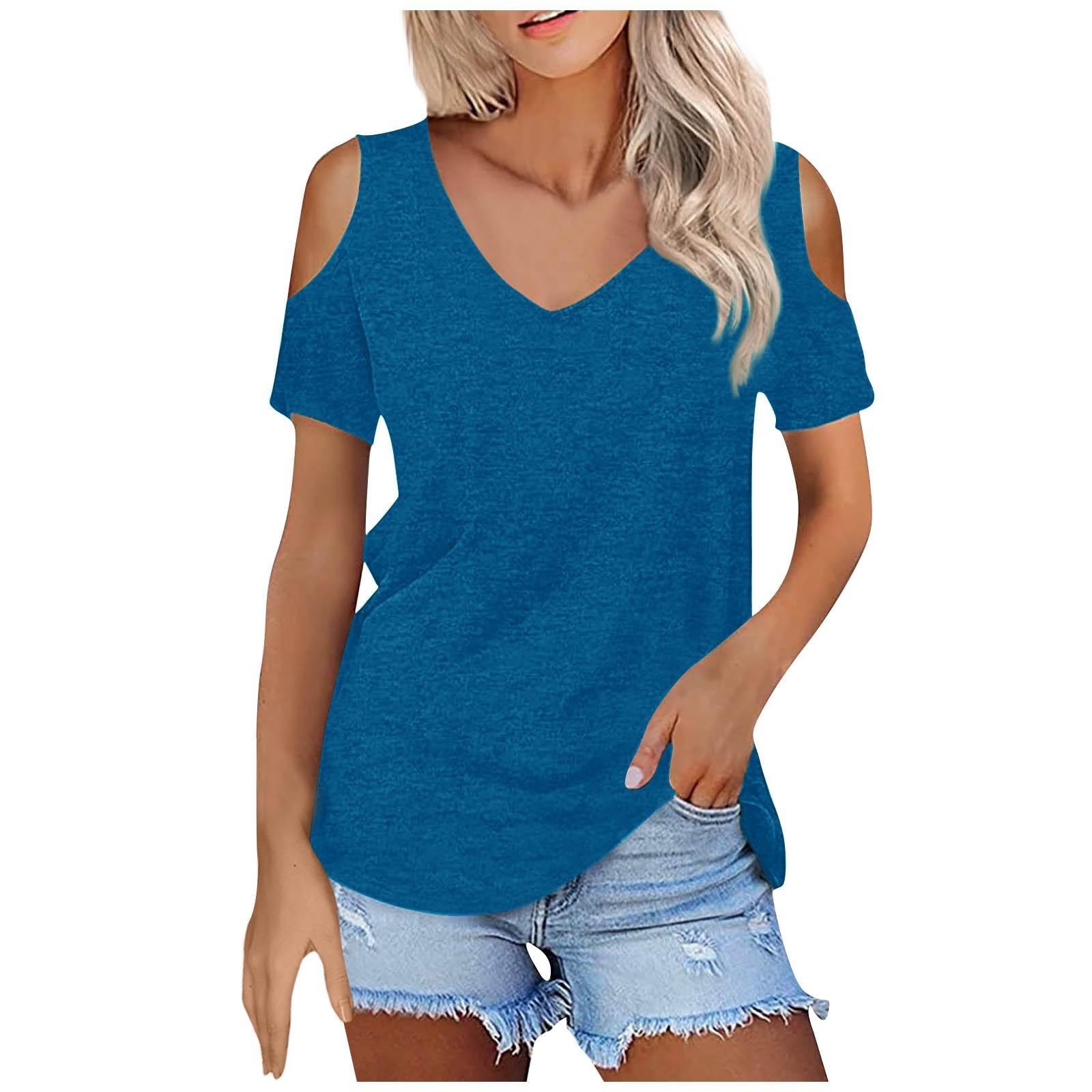 

Женская летняя модная повседневная однотонная футболка без бретелек с v-образным вырезом и коротким рукавом, топ XXL синий
