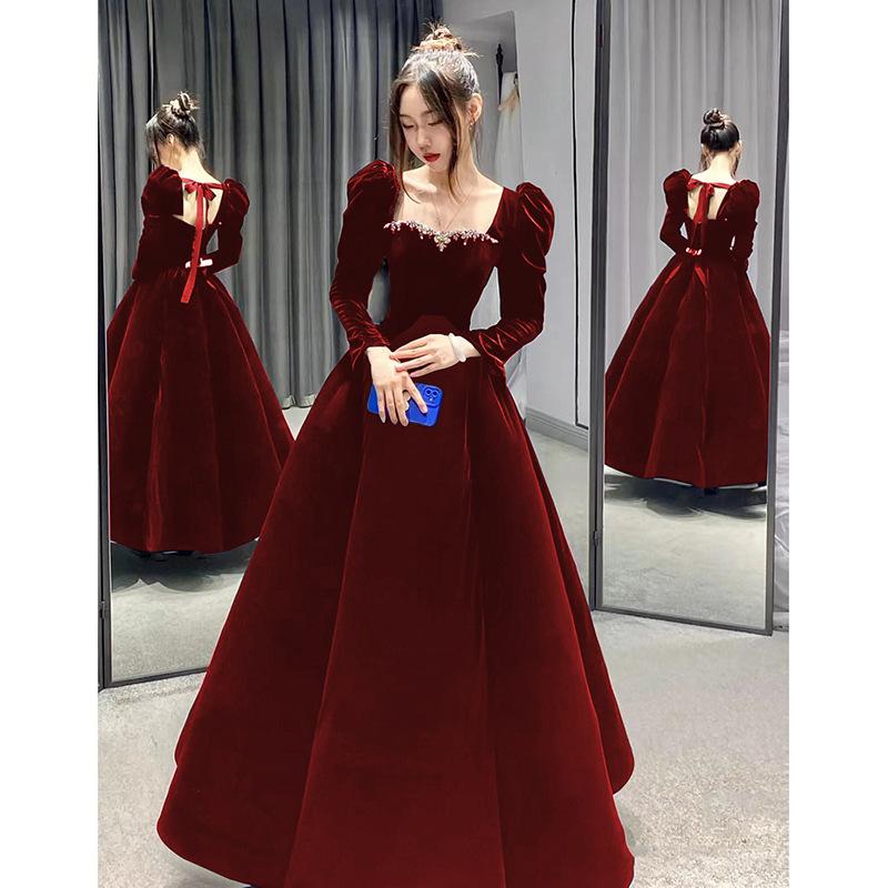 1011 New toast dress, morning gown, bride red long-sleeved evening dress, women's wedding engagement dress, evening dress