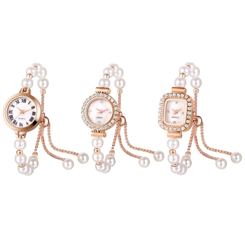 Round Small Pearl Roman Numeral New Year Wristwatch, Women's, Waterproof, Rainproof, Dial, Quartz, Dial, Bracelet, Dial, Adjustable, Simple, Present,