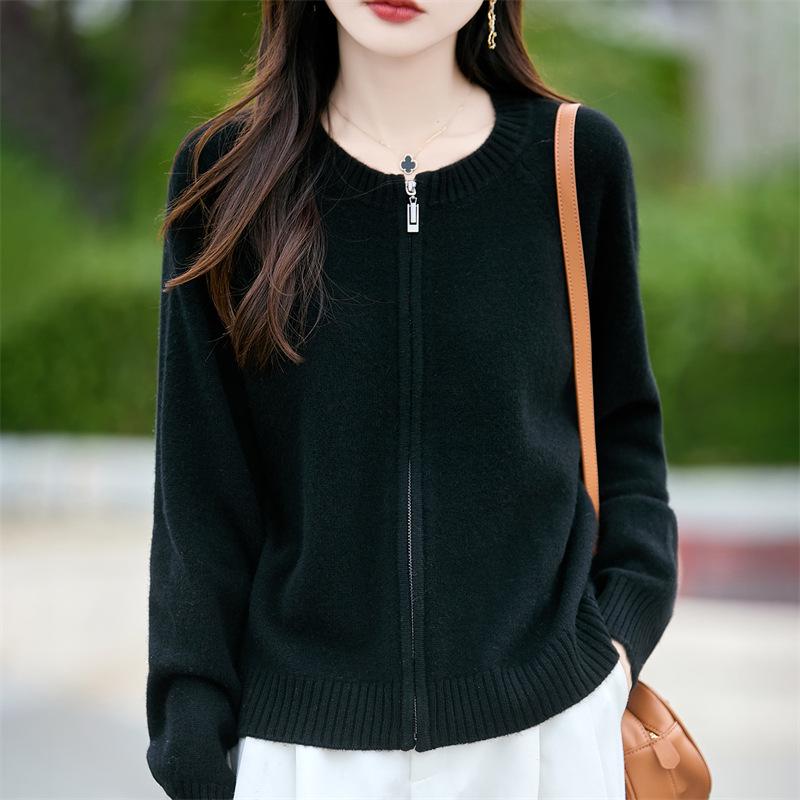 Women's Pure Wool Zipper Cardigan - Thick, Round Neck, Casual, Loose Fit Sweater for Autumn & Winter