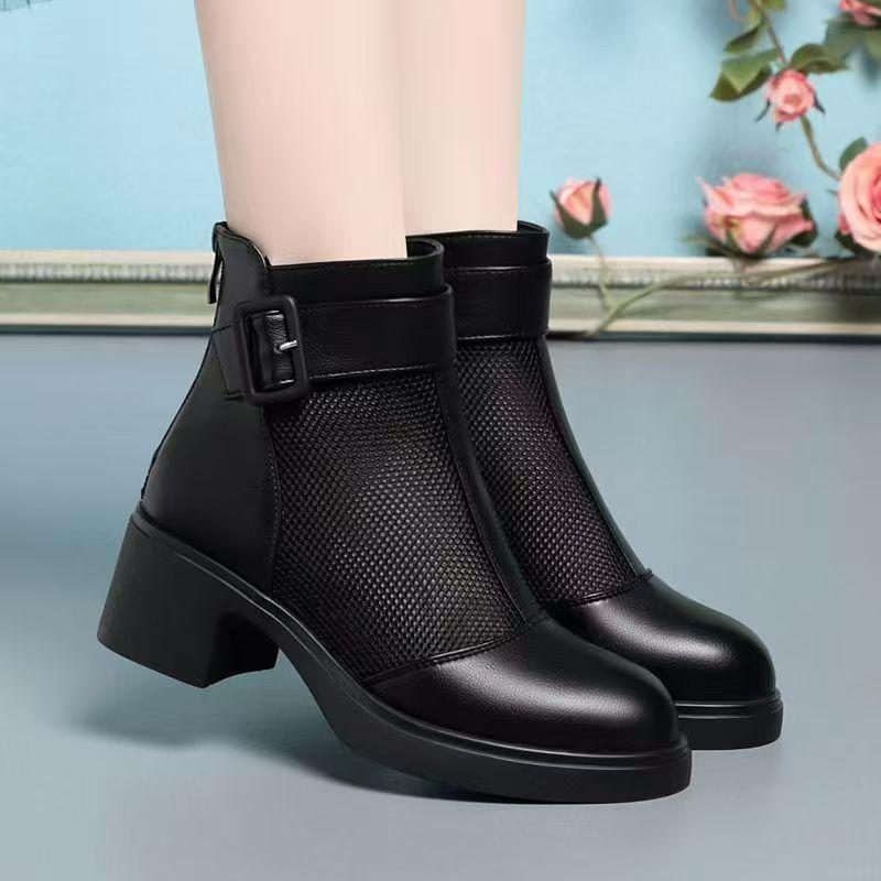 Women's Block Heel Leather Mesh Cool Boots Spring Summer New Thick Sole Non Slip Round Toe Breathable Zippers Ankle Boots