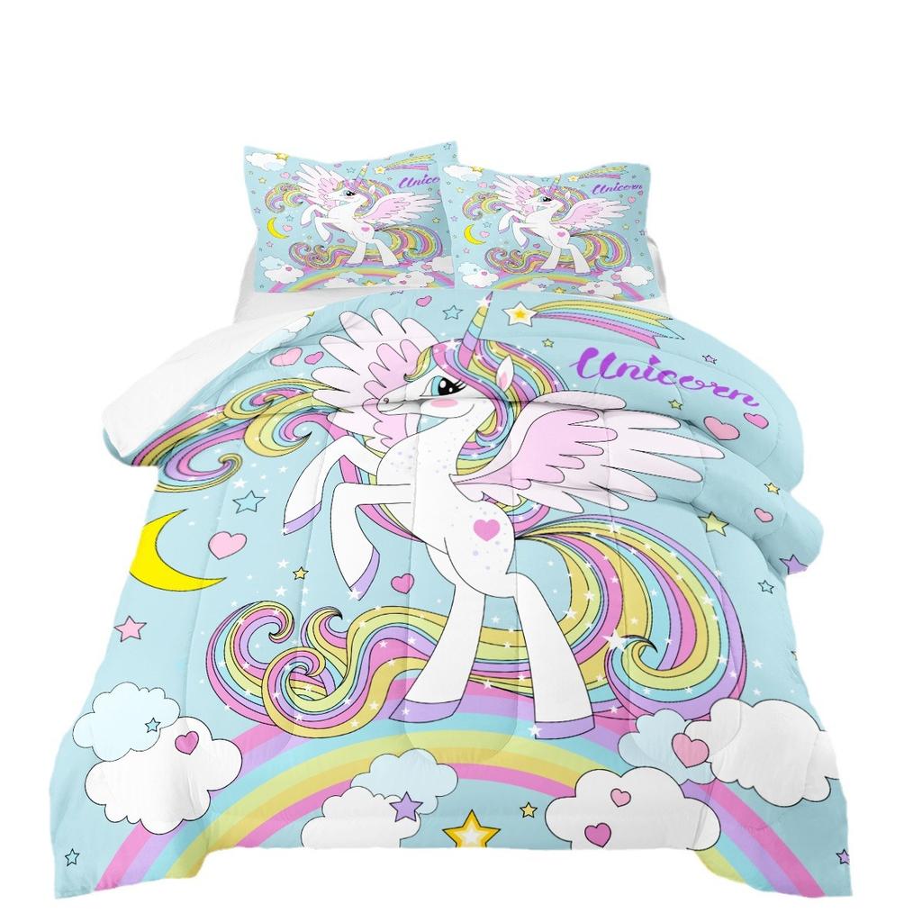 Cute Unicorn Feather Silk Cotton Filled Quilt Kids Cartoon Autumn and Winterheattechbedding Printing Quilt Cover Three-piece Set