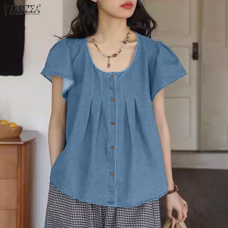 ZANZEA Camicetta estiva casual da donna con scollo rotondo e maniche corte