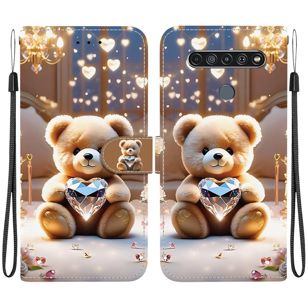 Handmade PU Leather Flip Case for LG K61 Anti-Slip Shockproof Cover with Wrist Strap & Heart/Rose Cat Designs