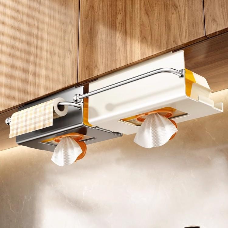 

Kitchen Hanging Wet Wipe & Paper Towel Holder, Pull-Out Cabinet Tissue Box, Storage Rag Hanger, Roll Paper Organizer Cream Color [1 pack] with Rod Tissue Holder