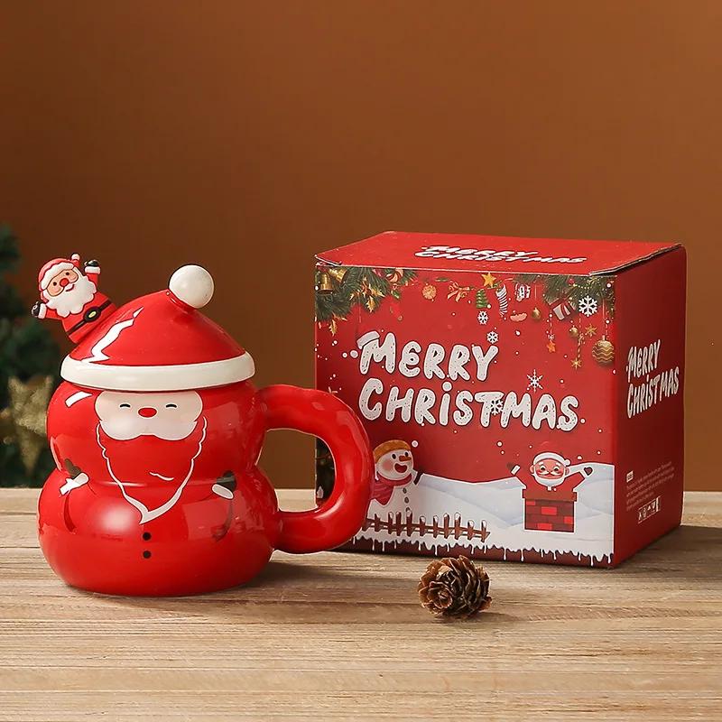 400ML Christmas Ceramic Cup with Lid Handle Cartoon Snowman Snowman Mug Couple Xmas Gift Milk Coffee Cup for Home with Box