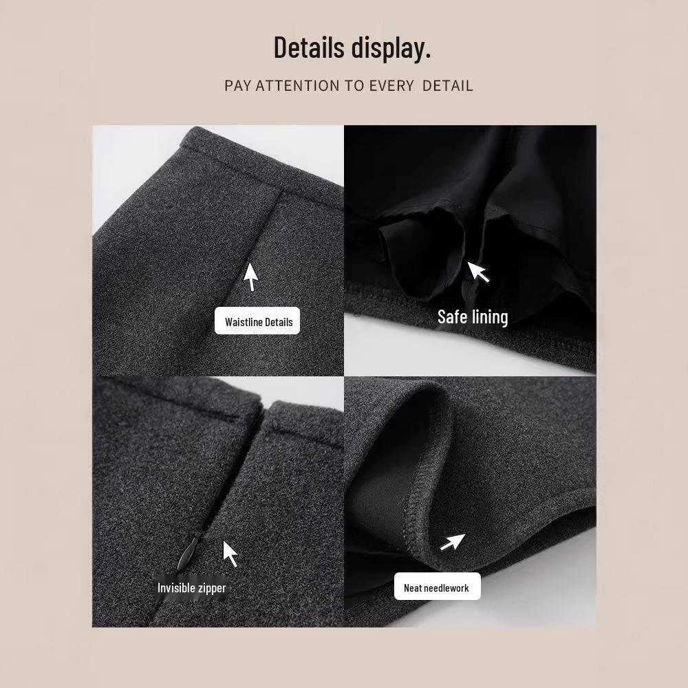 Gray A-line Pleated Skirt: Wool Blend with Safety Pants & Zipper, Hip-Hugging Design for Autumn/Winter.