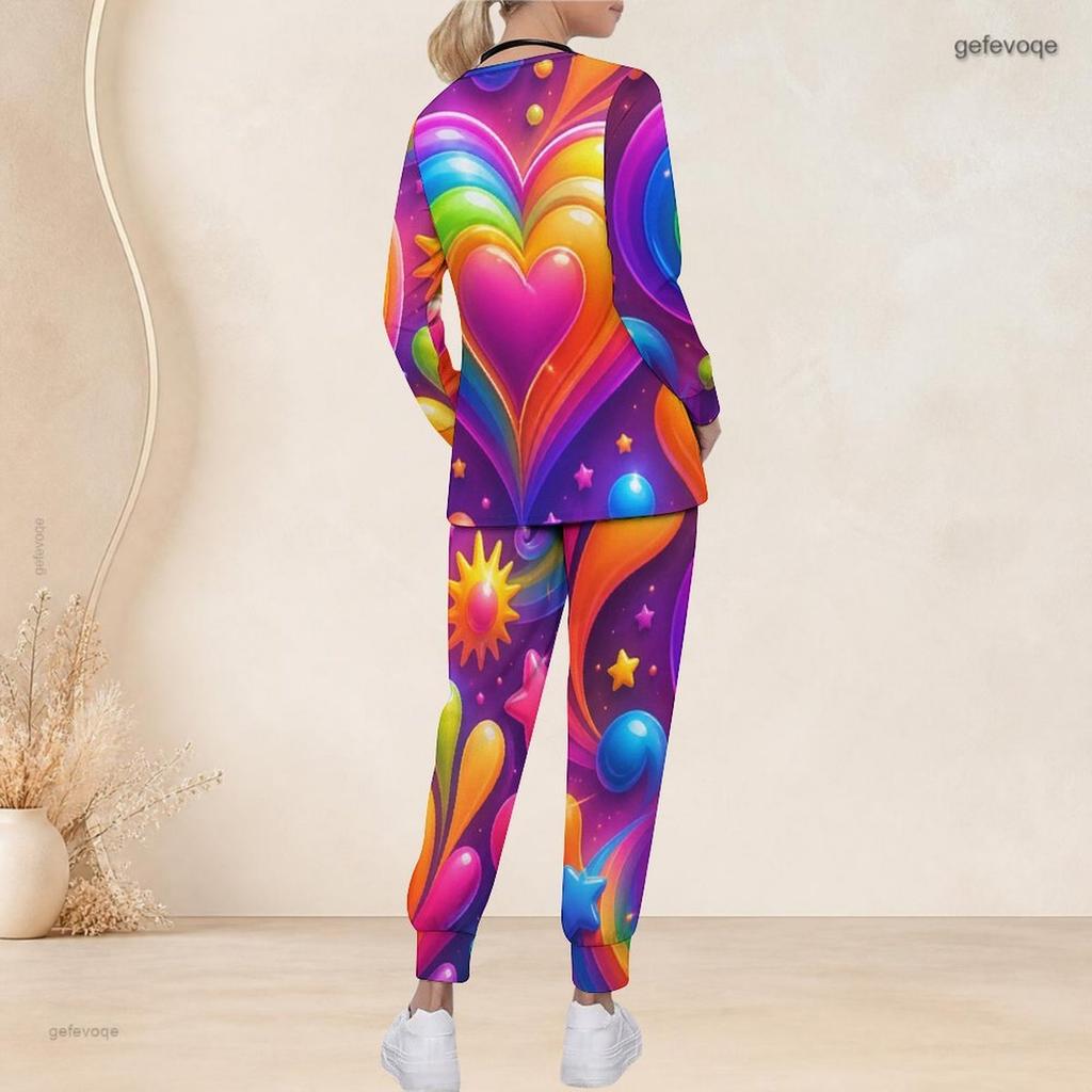 Women Plus Size V Neck Long Sleeve Scrub Set Colorful Rainbow Gradient Heart Print Nurse Uniform Set