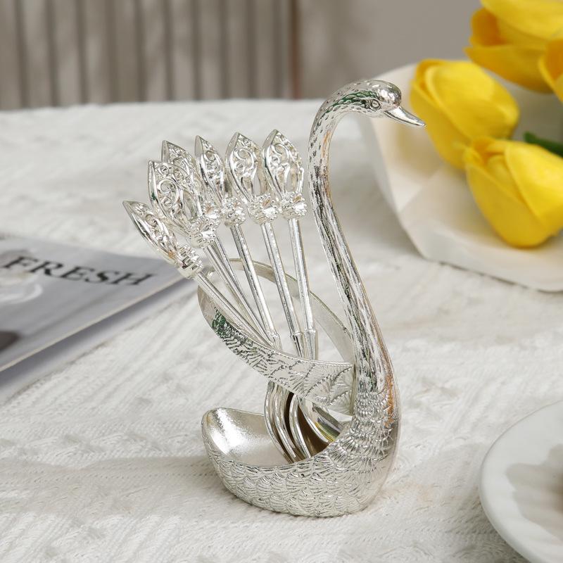 Elegant Metal Swan Spoon Set With Stand Tableware For Fruit Dessert Coffee Home Decoration Practical Cutlery Set For Daily