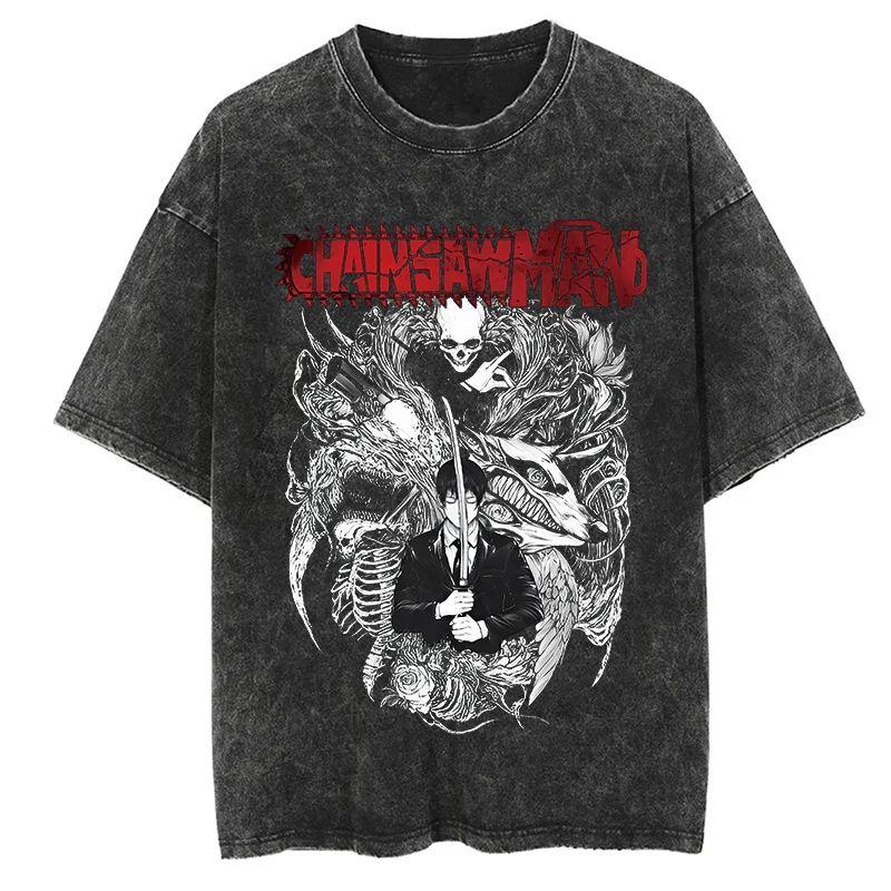 Nouveau T-shirt de haute qualité Chainsaw Man Anime pour hommes et femmes en coton avec impression lavée vintage Streetwear Rétro Hauts de Sport Fitness