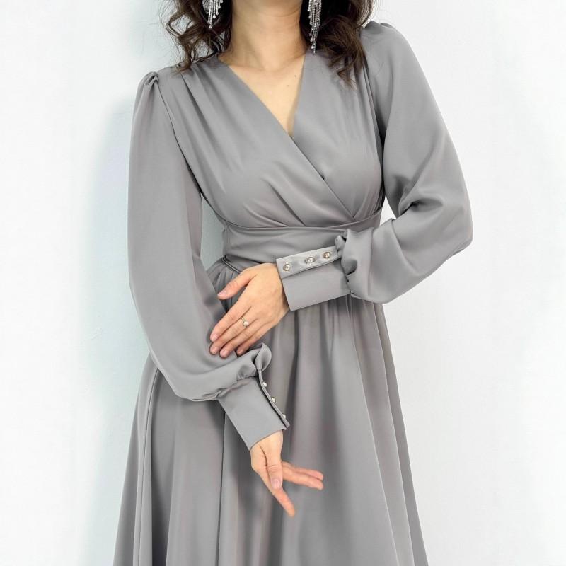 Elegant V-Neck Long Sleeve Satin Midi Dress Women Formal Evening Gown French Chic Style