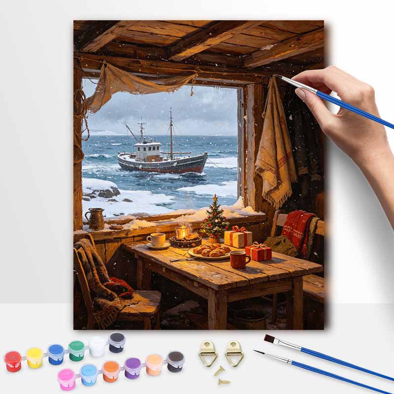 Christmas winter sea fishing boat snow scene digital painting oil painting art kit hand painting home decoration painting