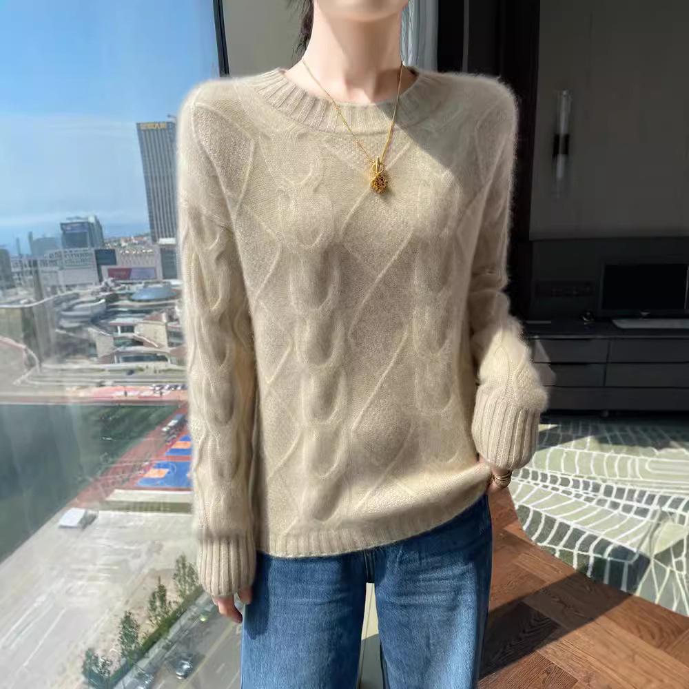 Women's Soft Cashmere Sweater, Round Neck, Diamond Jacquard, Thick Knit, Loose Fit, Base Layer