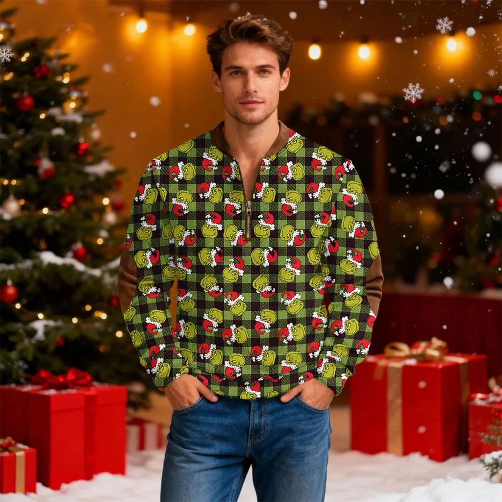 Men's Casual Cartoon-printed Semi-zipper Flannel Retro Long-sleeved Sweatshirt